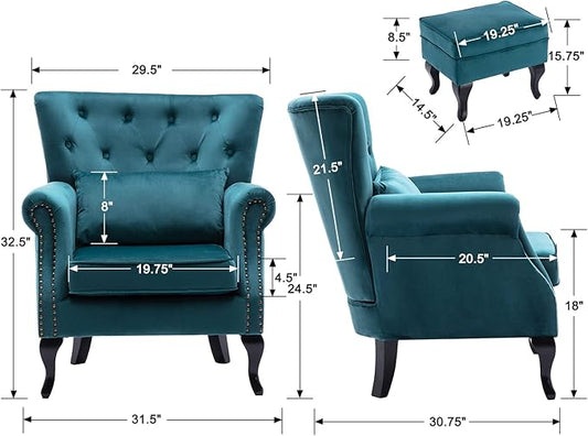 Mid Century Modern Accent Chair Upholstered Armchair Comfy Velvet Tufted Wingback Single Sofa with Ottoman for Bedroom Living Room, Teal