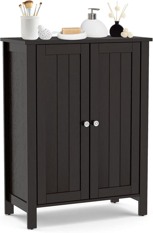 COSTWAY Bathroom Floor Cabinet - Freestanding Side Storage Organizer with Double Doors & Adjustable Shelf, Wooden Storage Cabinet for Living Room, Bedroom, Kitchen, Entryway (Brown)