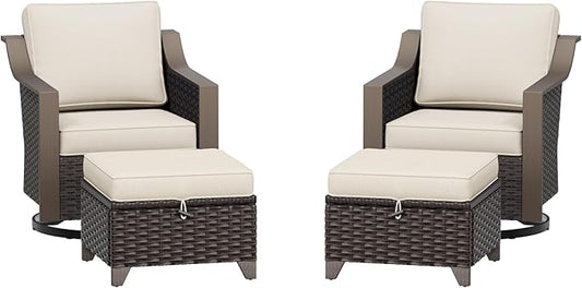 Patio Metal Swivel Chairs with Ottomans Set of 2, Conversation Furniture Set - 360 Degree Glider Rocker Chairs | 2 Wicker Ottomans, Washable Cushions (Beige and Brown Stripe)
