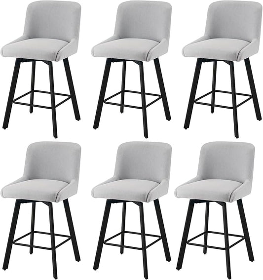 Swivel Bar Stools Set of 6, 26''H Upholstered Barstools with Backs, Modern Counter Height Bar Stool Chairs for Kitchen Island, Metal Legs, Fabric, Light Gray Counter Stools