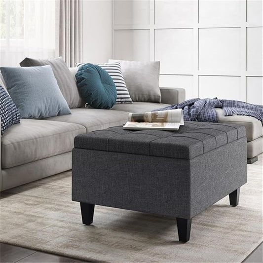 SIMPLIHOME Harrison 34 inch Wide Transitional Rectangle Small Coffee Table Storage Ottoman in Slate Grey Linen Look Fabric, Assembled, for the Living Room and Bedroom