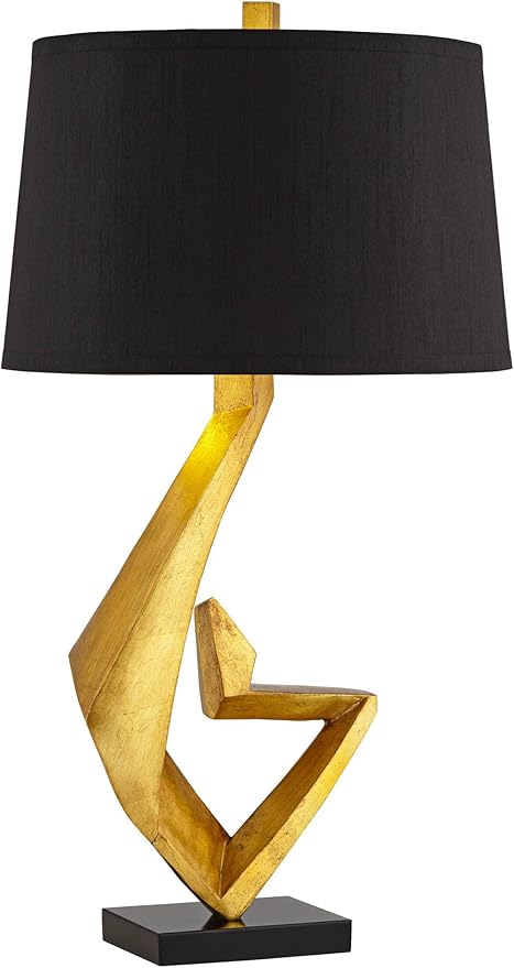 Possini Euro Design Zeus 28 1/2" Tall Modern Glam End Table Lamps Set of 2 Sculptural Gold Leaf Living Room Bedroom Bedside Nightstand House Office Home Reading Kitchen Entryway Console Black Shade