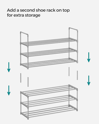 SONGMICS Shoe Rack, 3-Tier Shoe Organizer, Metal Storage Shelf, Upright or Upside Down, for 16-20 Pairs, Stackable, for Entryway, 11.8 x 36.2 x 21.7 Inches, Gray ULSA303G01