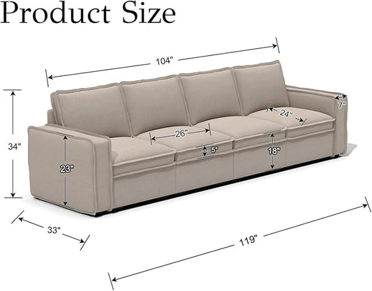 EALSON 119" Modular Sectional Sofa Modern Comfy 4-Seater Couch Sofa Linen Fabric Upholstered Cloud Couches with 24" Deep Seat and Wooden Legs for Bedroom/Living Room/Office, Oatmeal