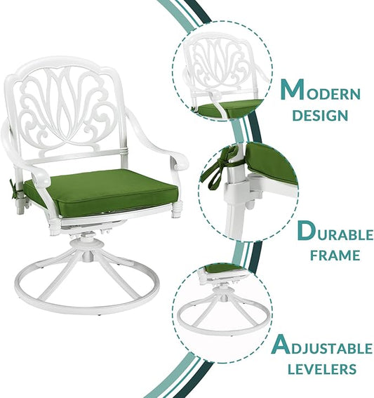 MEETWARM 9-Piece Outdoor Patio Dining Set, All-Weather Cast Aluminum Patio Conversation Set for Backyard Garden Deck with 8 Cushioned Swivel Rocker Chairs, 1 Oval Table, 2" Umbrella Hole, White
