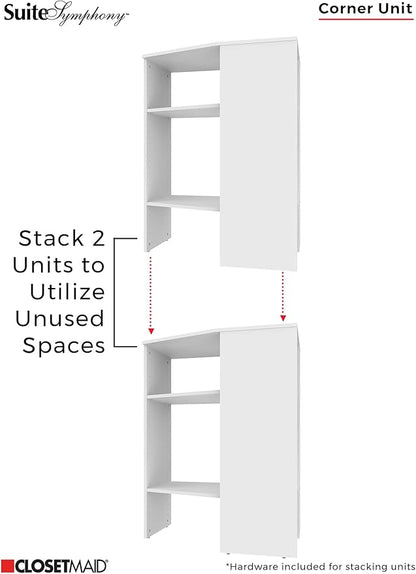 ClosetMaid SuiteSymphony Wood Corner Shelf Unit, 2 Shelves, Adjustable, Stacking, For Storage, Closet, Clothes, Shoes, Décor, Pure White, 41.13" X 19.63" X 31.75" Corner Unit