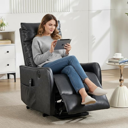 PELUMY Manual Lift Recliner Chair with Massage and Heat for Elderly, Single Motor Electric Lift Chair, Heavy Duty Recliner with USB Charging & Side Pockets (Breathable Leather, Grey)