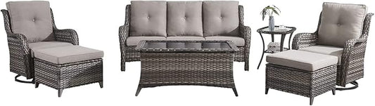 HUMMUH Outdoor Furniture Patio Furniture Set 7 Pieces Wicker Outdoor Sectional Sofa with Swivel Rocking Chairs,Patio Ottomans,Coffee Table,Side Table