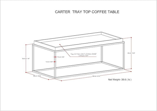 SIMPLIHOME Carter Coffee Table - 47 inch Wide Solid Acacia Wood Industrial Tray Top Cocktail Table in Natural Acacia, Stylish Living Room Table with Fixed Tray Shelf and Metal Base