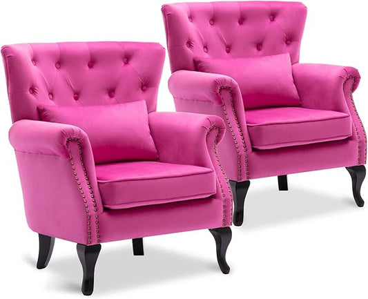 Accent Reading Arm Chairs Set of 2 for Living Room Bedroom, Midcentury Modern Comfy Corner Sofa Chair, Wingback Waiting Room Club Chair with Button Tufted Back &Lumbar Pillow, Velvet Rose