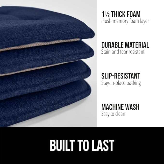 GORILLA GRIP Slip Resistant Tufted Chair Cushions, No Ties Required, Memory Foam Pads for Dining Room Kitchen Table, Office, Rocking Chairs, Plush Seat Cushion Pad, Home Decor, Set of 4, 16x17, Navy