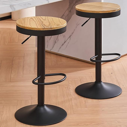 Kidol & Shellder Black Bar Stools Set of 2 Adjustable Swivel Backless Barstools Modern Round Wooden Seat Counter Height Bar Chairs Armless for Kitchen Island, Cafe, Dining Room