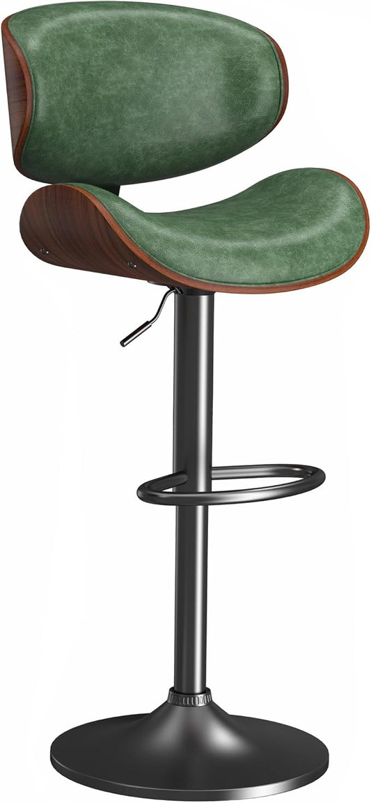 Bar Stools, Bar Stools for Kitchen Island with Bentwood Back and Leather Seat, Swivel Bar Stools for Kitchen Counter, Bar, Green, Set of 1, NX_NIL1