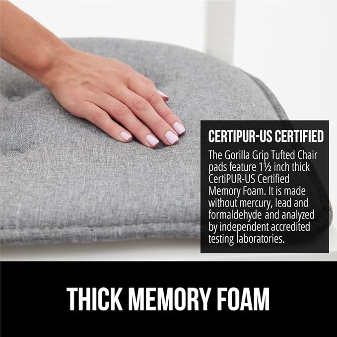 GORILLA GRIP Slip Resistant Tufted Chair Cushions, No Ties Required, Set of 6 Memory Foam Pads for Dining Room Kitchen Table, Office, Rocking Chairs, Plush Seat Cushion Pad, Home Decor, 16x17, Gray