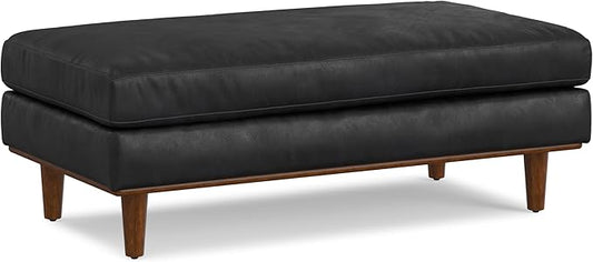 SIMPLIHOME Morrison 49 inch Wide Large Rectangular Ottoman in Lead Black Genuine Leather, Multifunctional Footrest, Coffee Table, and Extra Seating for Living Room, Mid-Century Modern Style
