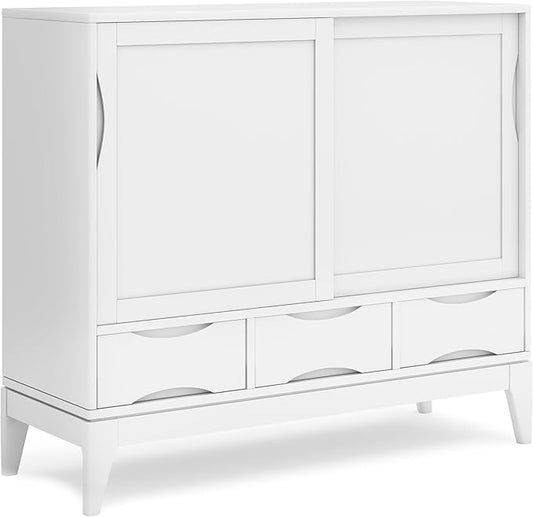 SIMPLIHOME Harper Medium Storage Cabinet - 48 inch Wide Solid Hardwood Sliding Door Cabinet in White, Mid-Century Modern Cupboard for Living Room or Entryway with 3 Drawers and Tapered Legs