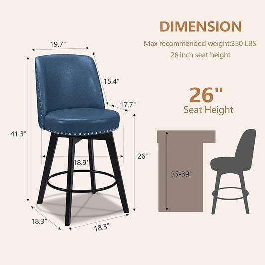 MINCETA Bar Stools Set of 3, PU Leather Barstools, 26 Inch Upholstered Counter Stools with High Back and Footrest, Swivel Counter Height Barstools for Kitchen Island Home Bar Navy Blue