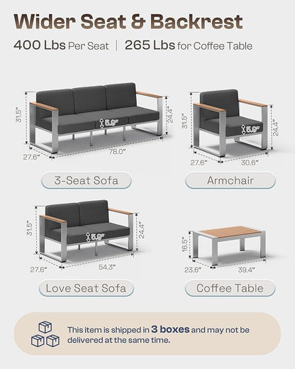 Outdoor Patio Furniture Set, 7 Seats Outdoor Patio Conversation Sets with Ergonomic Seat and Wide Washable Thick Cushions, Modern Patio Sectional Furniture for Balcony, Porch (Teak-Charocal)