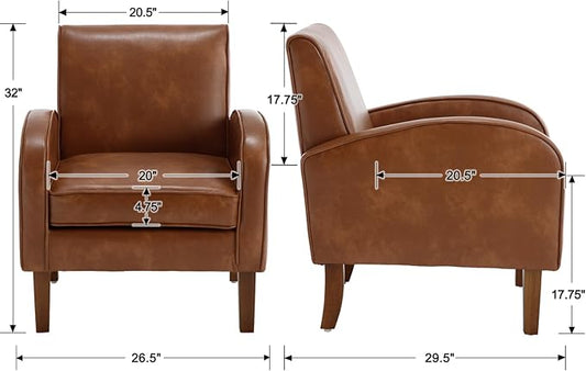 Mid Century Modern Armchair Brown Faux Leather Accent Chair with Arm Comfy Chairs Reading Chair Sofa Chair for Living Room, Rubber Wood Legs