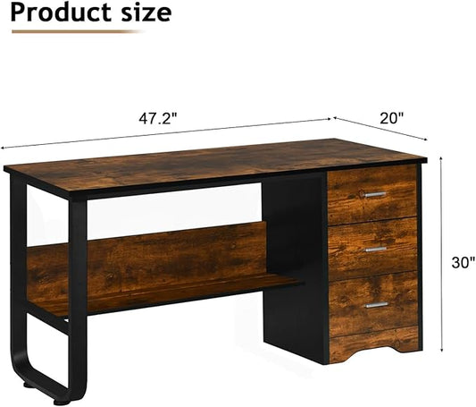 Small Desk with 3 Drawers, 47 Inch Computer Desk with Drawers & Bottom Shelves for Bedroom, Home Office Desk with Storage File Cabinet for Small Spaces, Writing and Work, Black and Brown