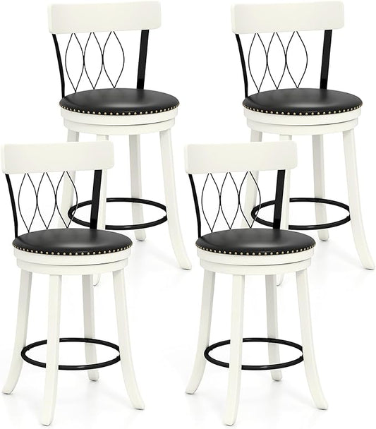 COSTWAY Bar Stools Set of 4, 26” Seat Height Swivel Barstools with Ergonomic Backrest, Soft Cushion & Footrest, Rubber Wood Counter Height Bar Chairs Upholstered Dining Chairs for Kitchen Island