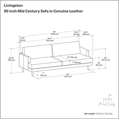 SIMPLIHOME Livingston 90-inch Wide Sofa in Coal Top Grain Genuine Leather, Handcrafted Mid-Century Modern Couch for Living Room, Large 3-Seater with Feather-Wrapped Cushions and Solid Wood Frame