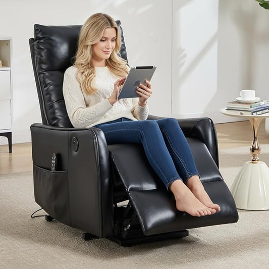 PELUMY Manual Lift Recliner Chair with Massage and Heat for Elderly, Single Motor Electric Lift Chair, Heavy Duty Recliner with USB Charging & Side Pockets (Breathable Leather, Black)