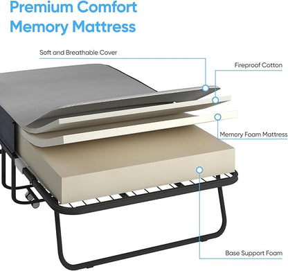 Mjkone Folding Bed with Mattress for Adults, Rollaway Bed with 5 Inch Memory Foam, Space Saving Portable Bed with Lockable Wheel, Sturdy Fold Up Frame and Memory Foam for Bedroom/Guest (75" x 51")