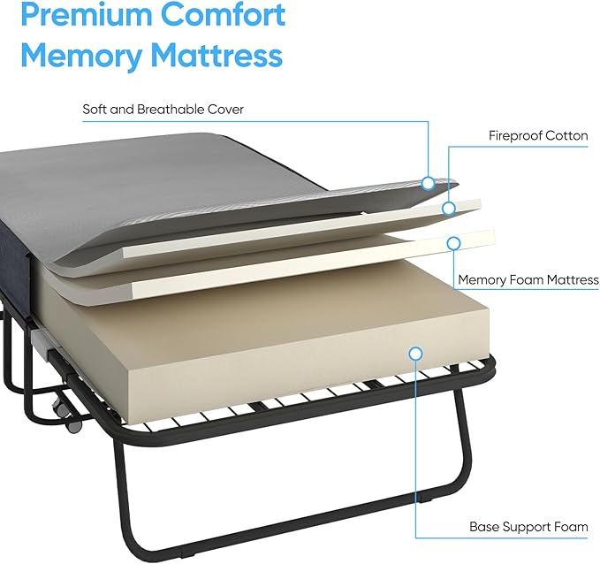 Mjkone Folding Bed with Mattress for Adults, Rollaway Bed with 4 Inch Memory Foam, Space Saving Portable Bed with Lockable Wheel, Sturdy Fold Up Frame and Memory Foam for Bedroom/Guest (75" x 46")