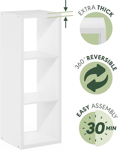Furinno Cubicle Book Shelf, 3-Cube Thick Frame Bookshelf, Horizontally & Vertically Reversible Bookcase with Open Back, 14.6 x 15.9 x 44, for Living Room, Bedroom, Home Office, White