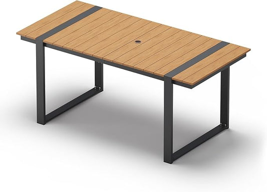Outdoor Dining Table for 6, HDPS+ Aluminum Patio Dning Table with U-Shape Leg, Size: 67.4"*32.3"*29.6",Modern Rectangular Table for Lawn, Garden (Gray-Teak)