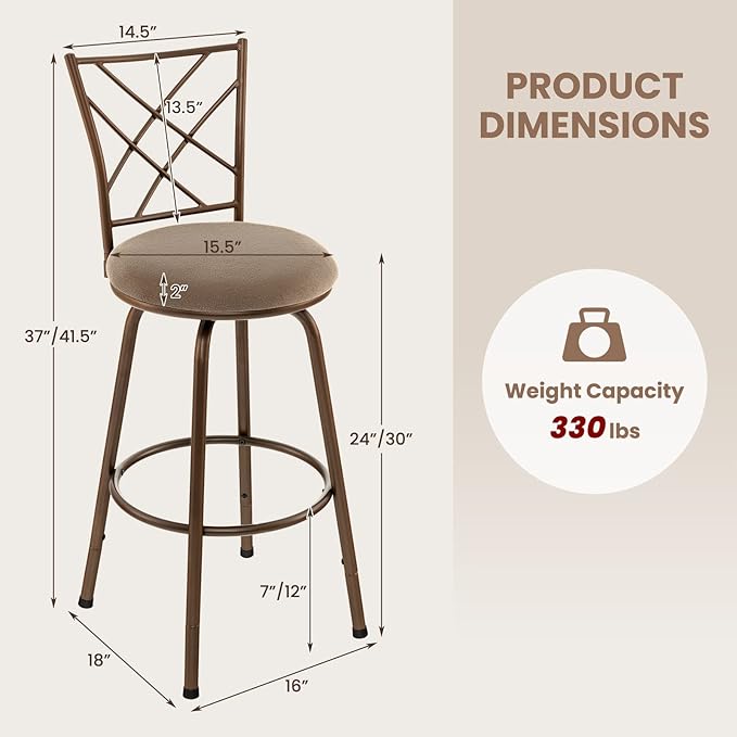 COSTWAY Bar Stools for Kitchen Island, 24/30 Inch Adjustable Seat Height Swivel Barstools, Plush Fabric Cushioned Seat & Cozy Backrest, Extra Leg Tubes for Height Adjustment, for Kitchen, Bar (4)