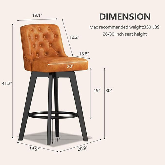 MINCETA Bar Stool, PU Leather Barstool, 30 Inch Upholstered Counter Stool with Low Tufted Back and Footrest, Swivel Counter Height Barstool for Kitchen Island Home Bar Brown