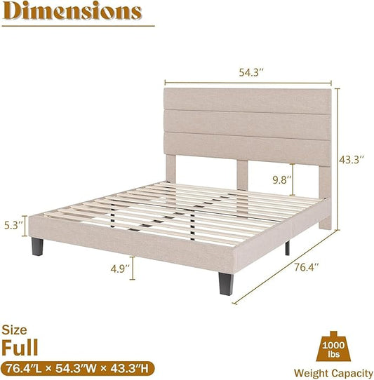 AMERLIFE Full Bed Frame with Linen Upholstered Headboard, Modern Platform Bed with Wooden Slats Support, Noise-Free, No Box Spring Needed, Easy Assembly, Beige