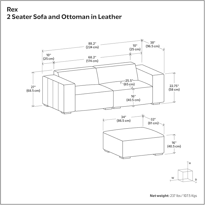 SIMPLIHOME Rex Modular Sofa and Ottoman Set in Full-Grain Genuine Leather, Sienna, 88-inch-Wide 2-Seater Leather Couch and Matching 34-inch-Wide Table Ottoman for Living Room