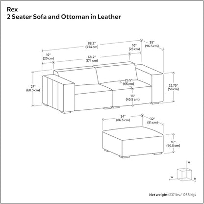 SIMPLIHOME Rex Modular Sofa and Ottoman Set in Full-Grain Genuine Leather, Sienna, 88-inch-Wide 2-Seater Leather Couch and Matching 34-inch-Wide Table Ottoman for Living Room