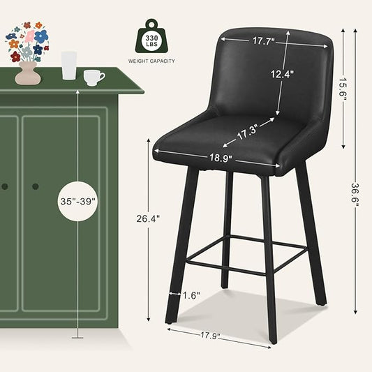 Swivel Bar Stools, 26''H Upholstered Barstools with Backs, Modern Counter Height Bar Stool Chairs for Kitchen Island, Metal Legs (Black- Faux Leather, Set of 2-26" H)