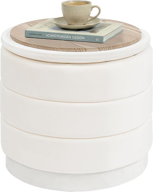 PINPLUS Round Velvet Ottoman Tray, White Upholstered Decorative Accent for Footstool or Coffee Table, Removable Serving Surface