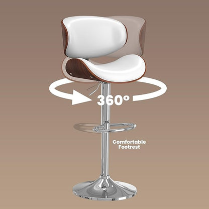 Bar Stools Set of 2, Bar Stools for Kitchen Island with Bentwood Back and Leather Seat, Swivel Barstools for Kitchen Counter, Bar, White
