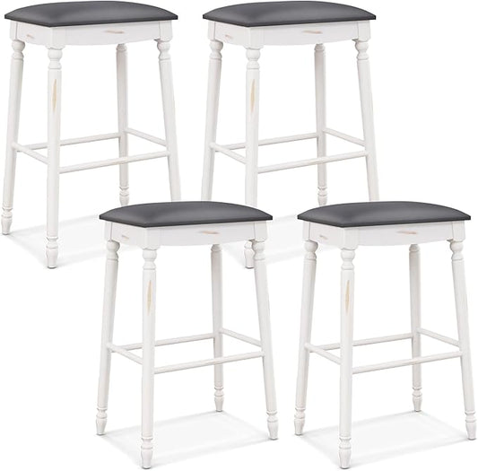 COSTWAY Upholstered Bar Stools Set of 4, 29-Inch Backless Counter Height Dining Stools with Delicate Wood Carving, Footrest, Solid Rubber Wood Frame, Farmhouse BarStools for Kitchen Island Bar, White