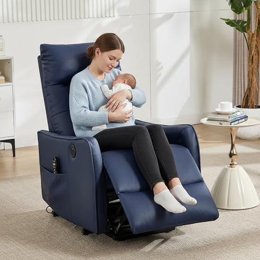 PELUMY Manual Lift Recliner Chair with Massage and Heat for Elderly, Single Motor Electric Lift Chair, Heavy Duty Recliner with USB Charging & Side Pockets (Breathable Leather, Dark Blue)