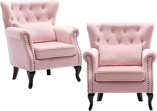 chairus Mid-Century Modern Accent Chairs Set of 2, Comfy Tufted Single Sofa Chair Wingback Armchair with Pillow for Club, Living Room, Bedroom - Velvet, Pink