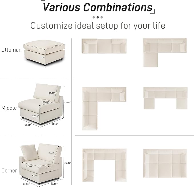 Cloud Couch Modular Sectional Sofa,134" L Shaped Couch, Oversized Convertible Wide Seater,4 Seater with Ottoman for Living Room Set, Covers Washable&Replaceable,Beige