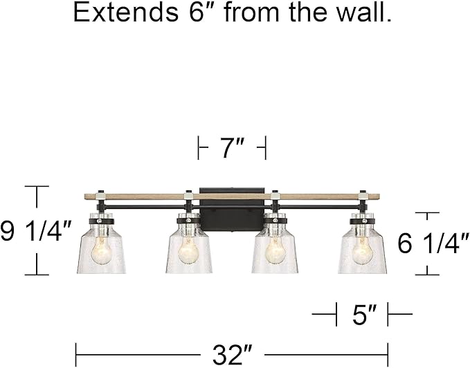 Possini Euro Design Broadway Modern Industrial Wall Light Black Painted Faux Wood Hardwired 32" 4-Light Fixture Clear Seedy Glass Shade for Bedroom Bedside Bathroom Vanity Living Room Hallway House