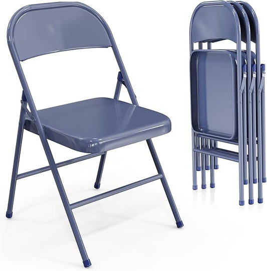 VINGLI Folding Chairs All Steel Metal Frame, Capacity 350 lbs, Durable Portable and Versatile for Indoor Outdoor Use, Darkblue, Set of 4