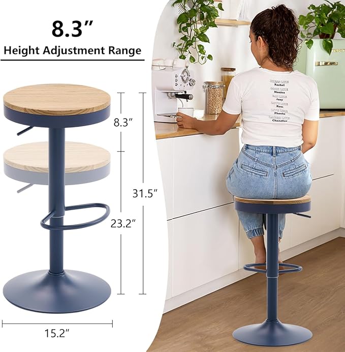 Kidol & Shellder Bar Stools Set of 2 Round Adjustable Swivel Barstools Modern Backless Bar Chairs Wooden Seat Counter Height Stools Armless for Kitchen Island, Cafe, Dining Room Blue