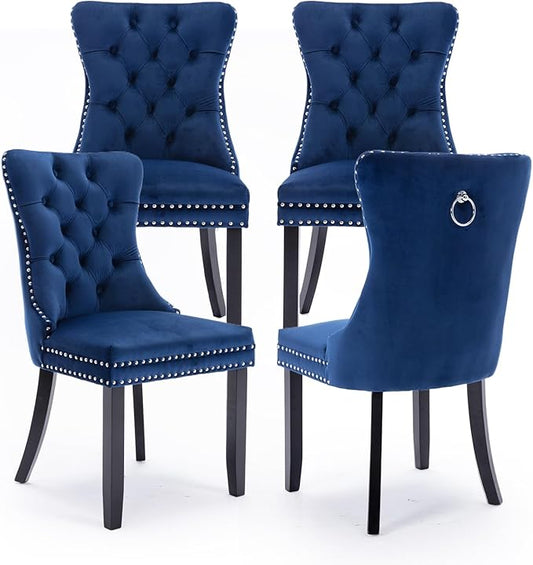 Velvet Upholstered Dining Chairs Set of 4, Modern Style Kitchen Side Chairs with Nailhead Trim and Wood Legs,Metal Pulling Ring for Dining Room Living Room(Blue,Set of 4)