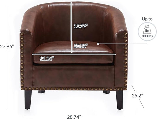 BELLEZE Accent Barrel Chair, Modern Faux Leather Tub Club Chair Upholstered Armchair with Gold Nail Head Trim and Black Legs for Living Room Bedroom Apartment Lounge - Brown