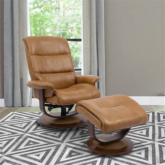 Pemberly Row Leather Swivel Recliner with Ottoman in Brown, Manual Recliner Chair for Living Room Comfort