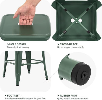 Vogue Furniture Direct 24 Inch Metal Bar Stools, Backless Counter Height Barstools, Indoor Outdoor Stackable Stools with Square Seat, Set of 4 (Dark Green)